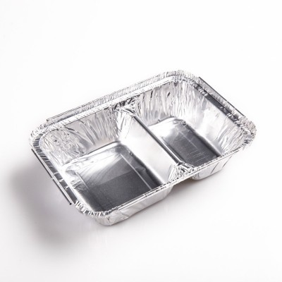 Biodegradable 600ml rectangle two compartment aluminum foil box disposable 2 compartment microwave food container with lid